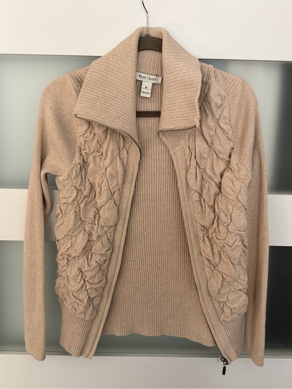 White House Black Market Taupe Textured Zip-Front Cardigan